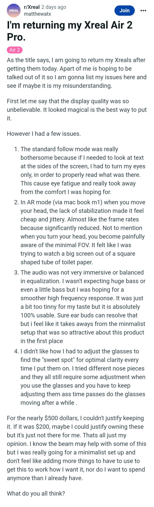 外网网友对Xreal Air 2 Pro意见很大啊