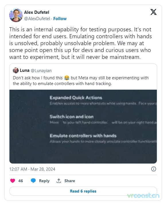 Meta 表示短期内不会将手部追踪完全替代控制器